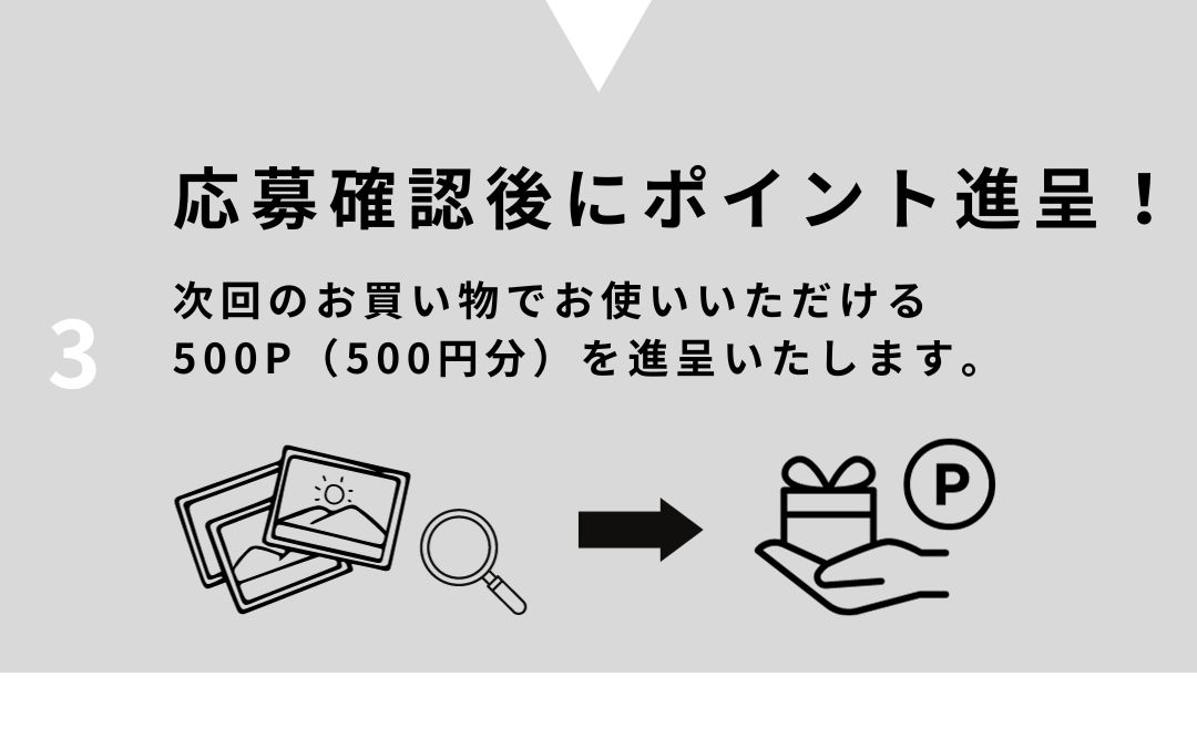 ３応募確認後にポイント進呈！次回のお買い物でお使いいただける500P（500円分）を進呈いたします。